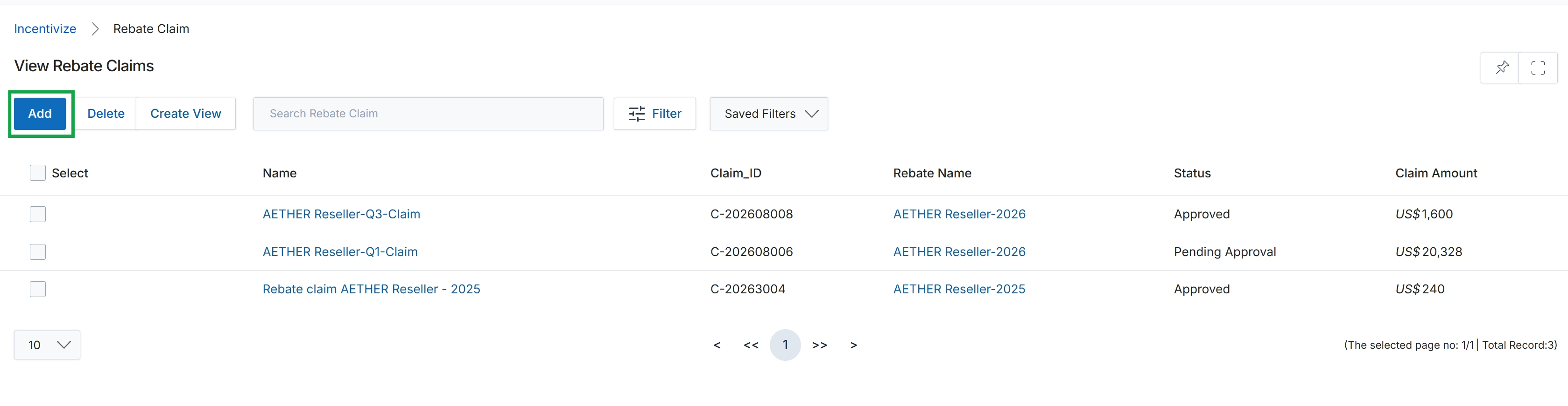 Rebate Claims list view.