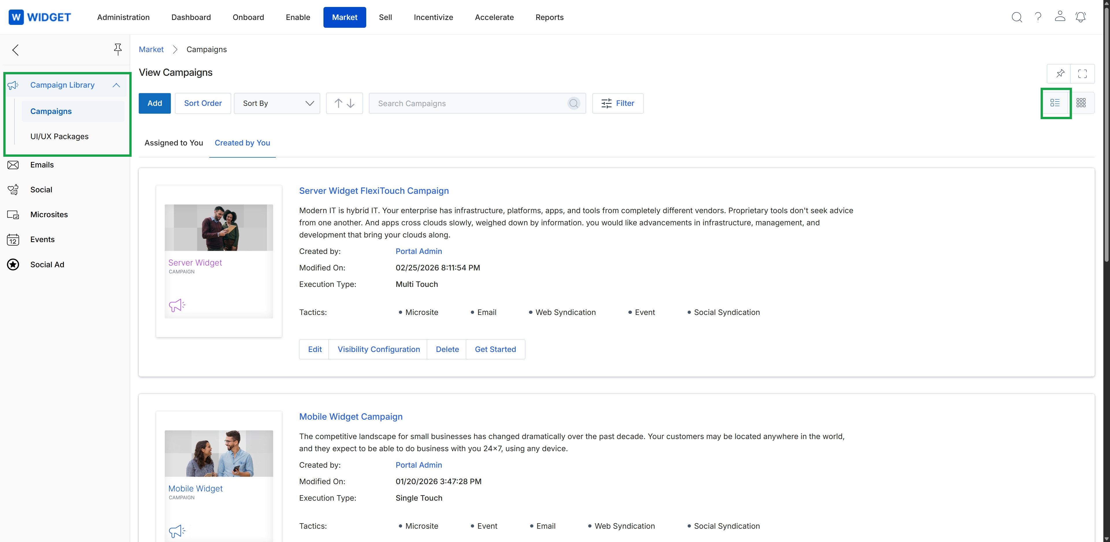 Campaigns list in Market module