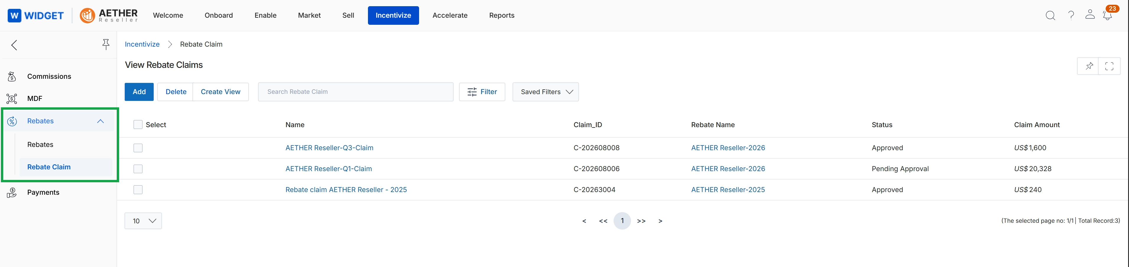 Rebate Claims list view