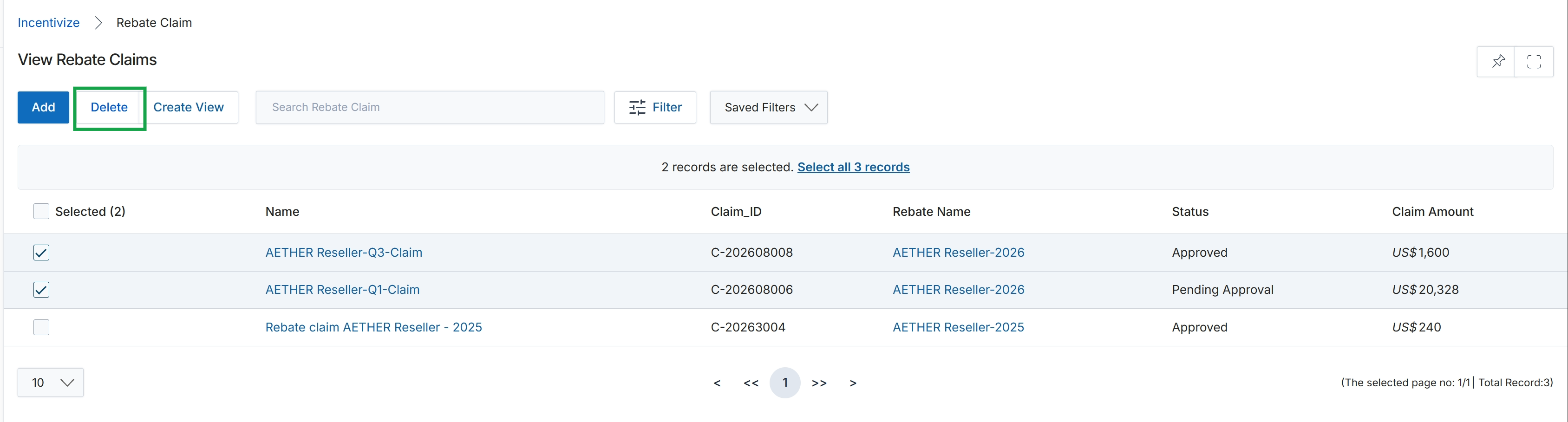 View Rebate Claims page with items selected