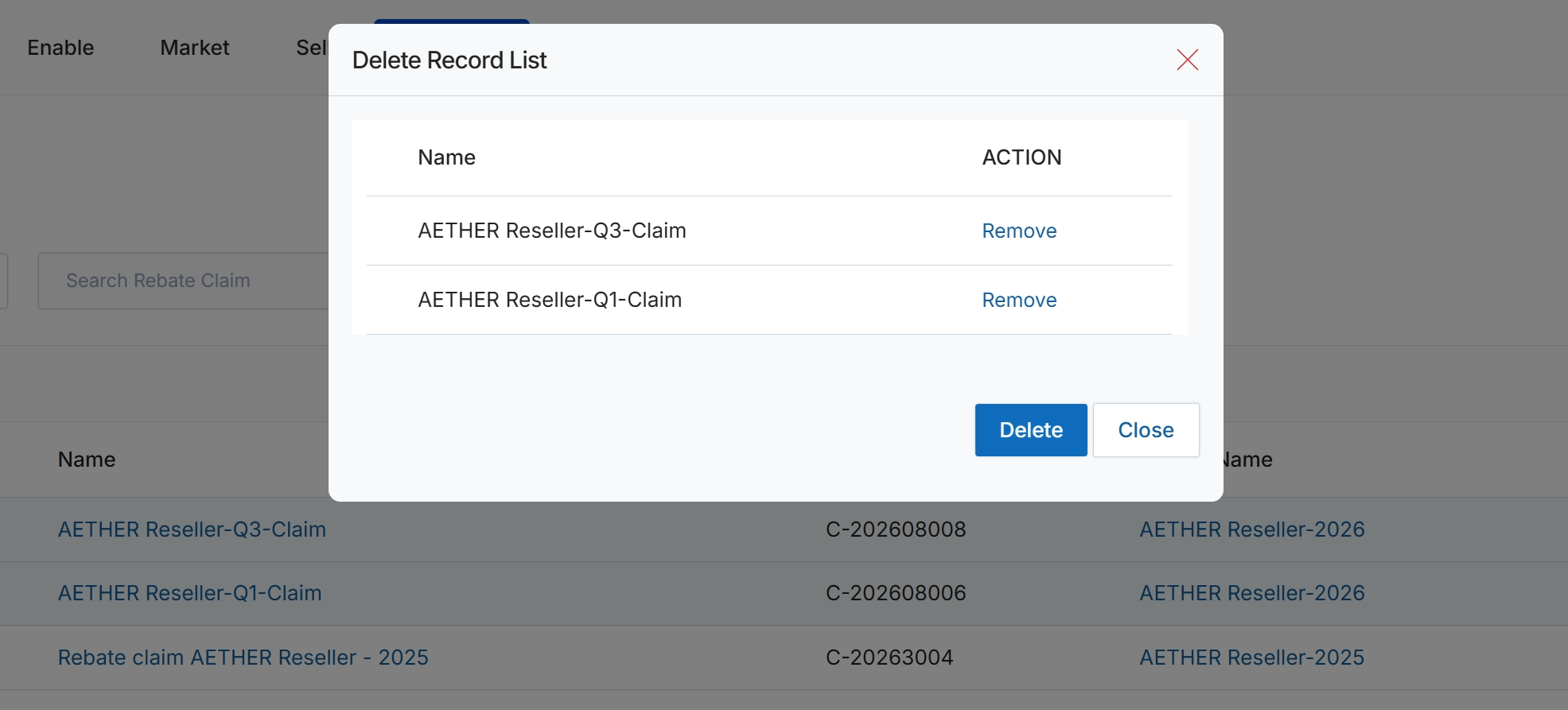 Rebate claim deletion confirmation dialog
