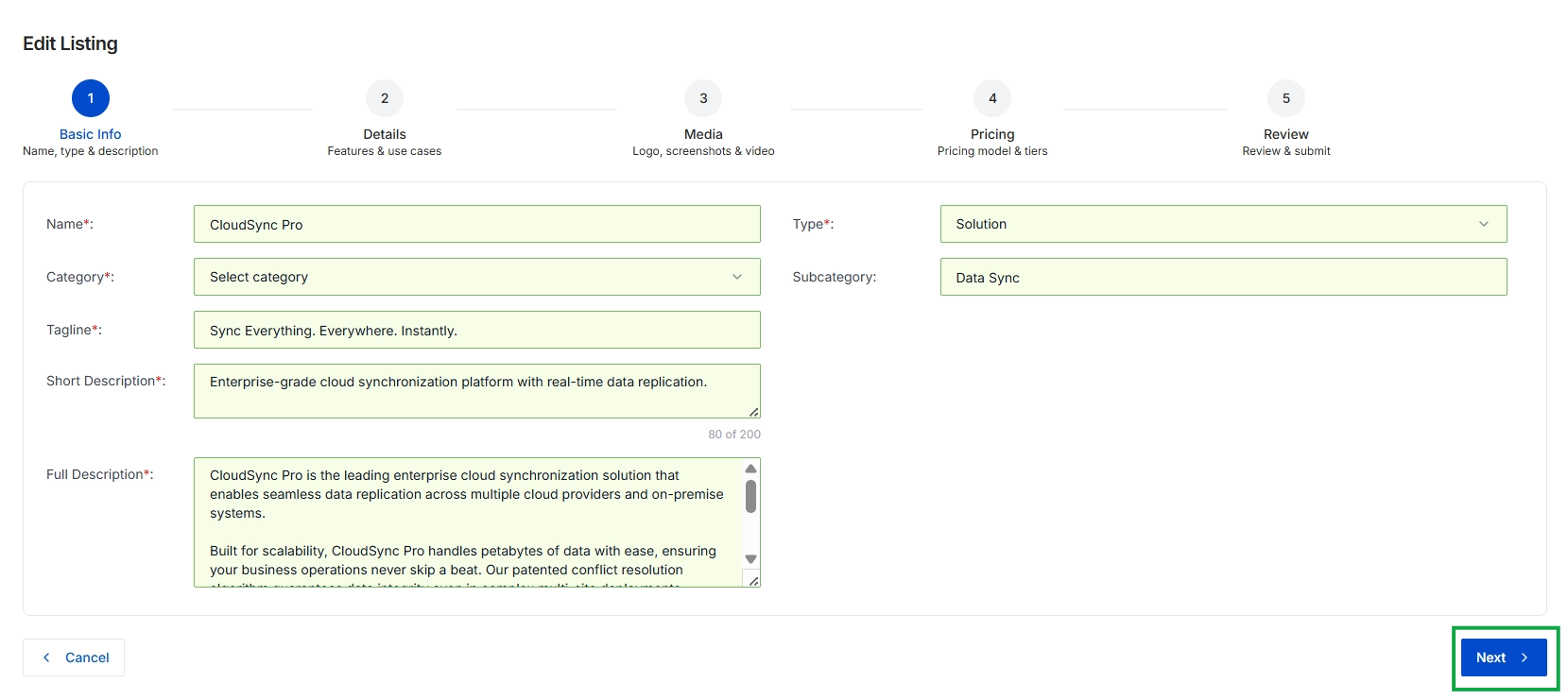 Edit Listing: Basic Info step