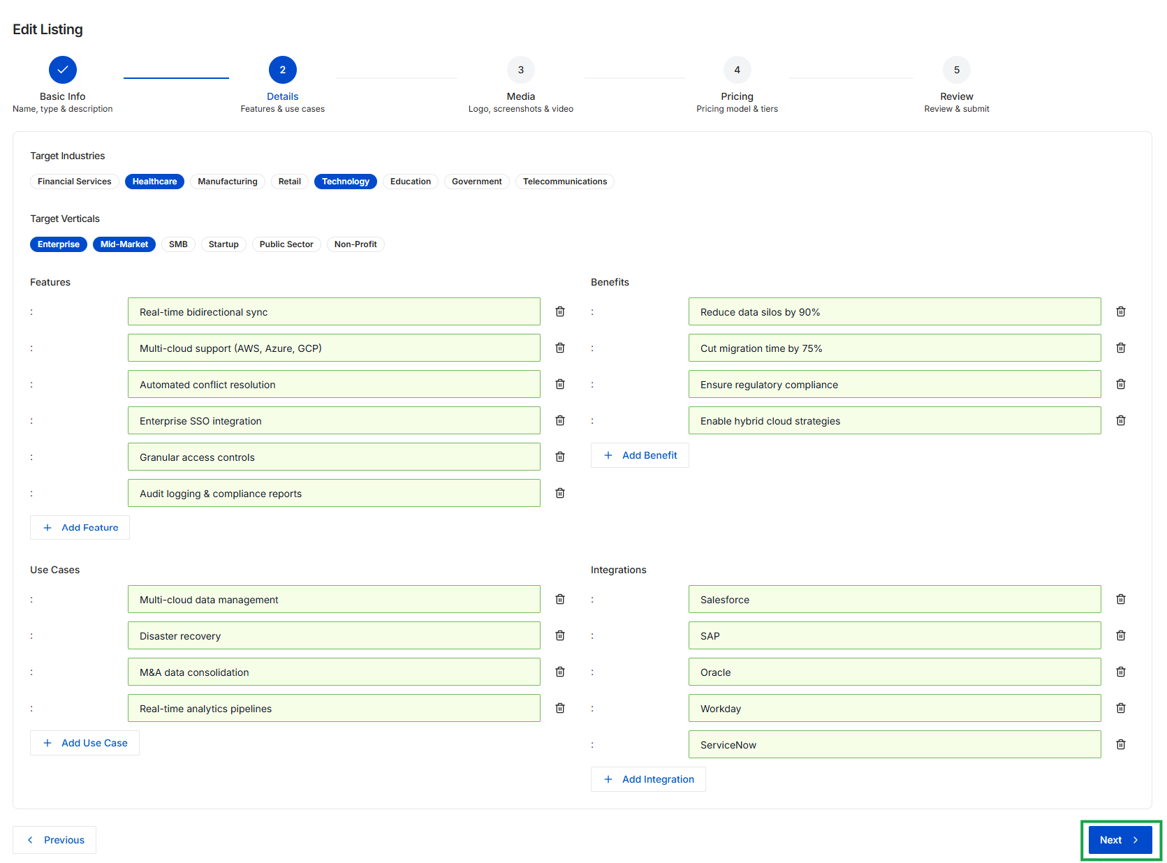Edit Listing Details step
