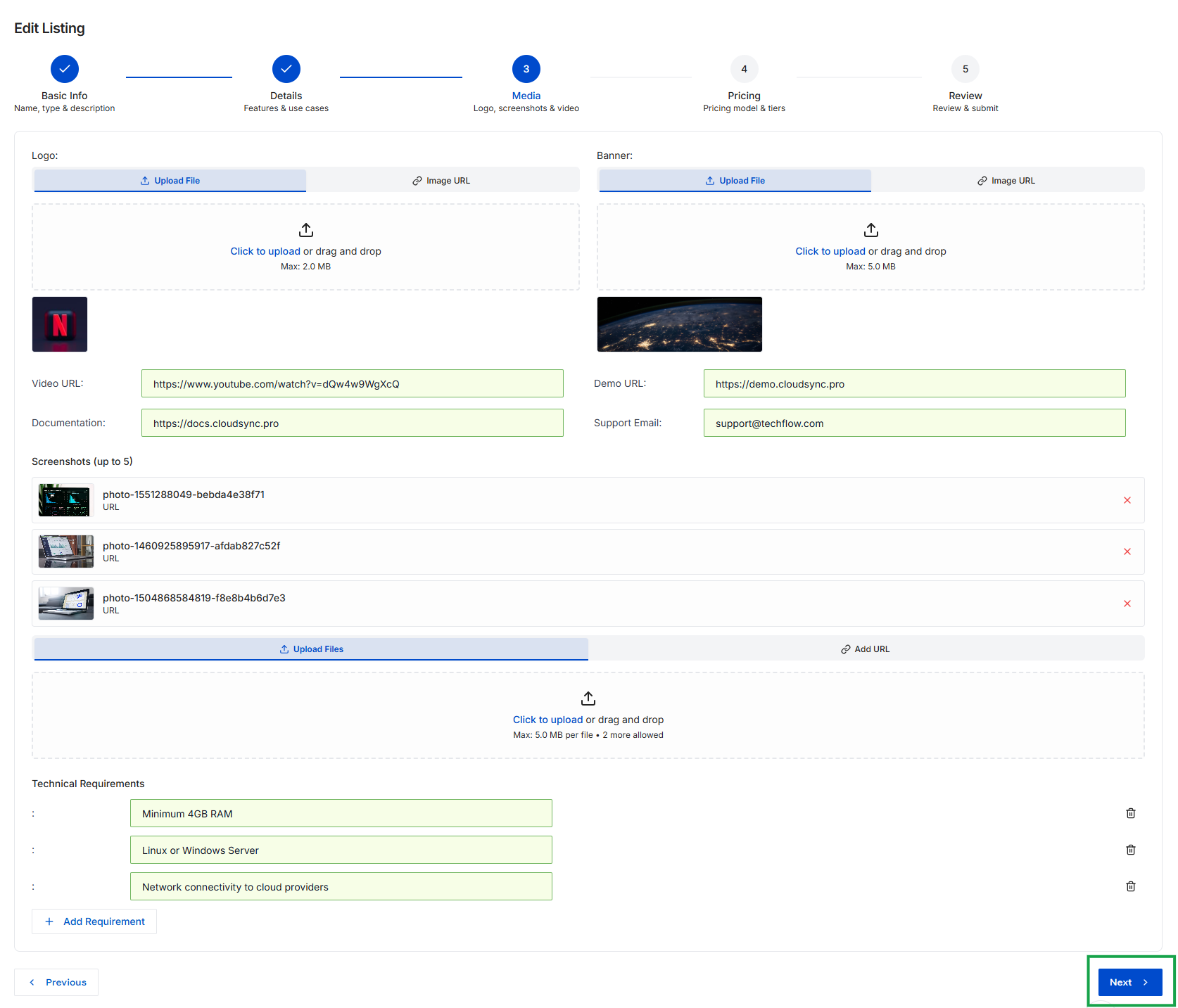 Edit Listing - Media step