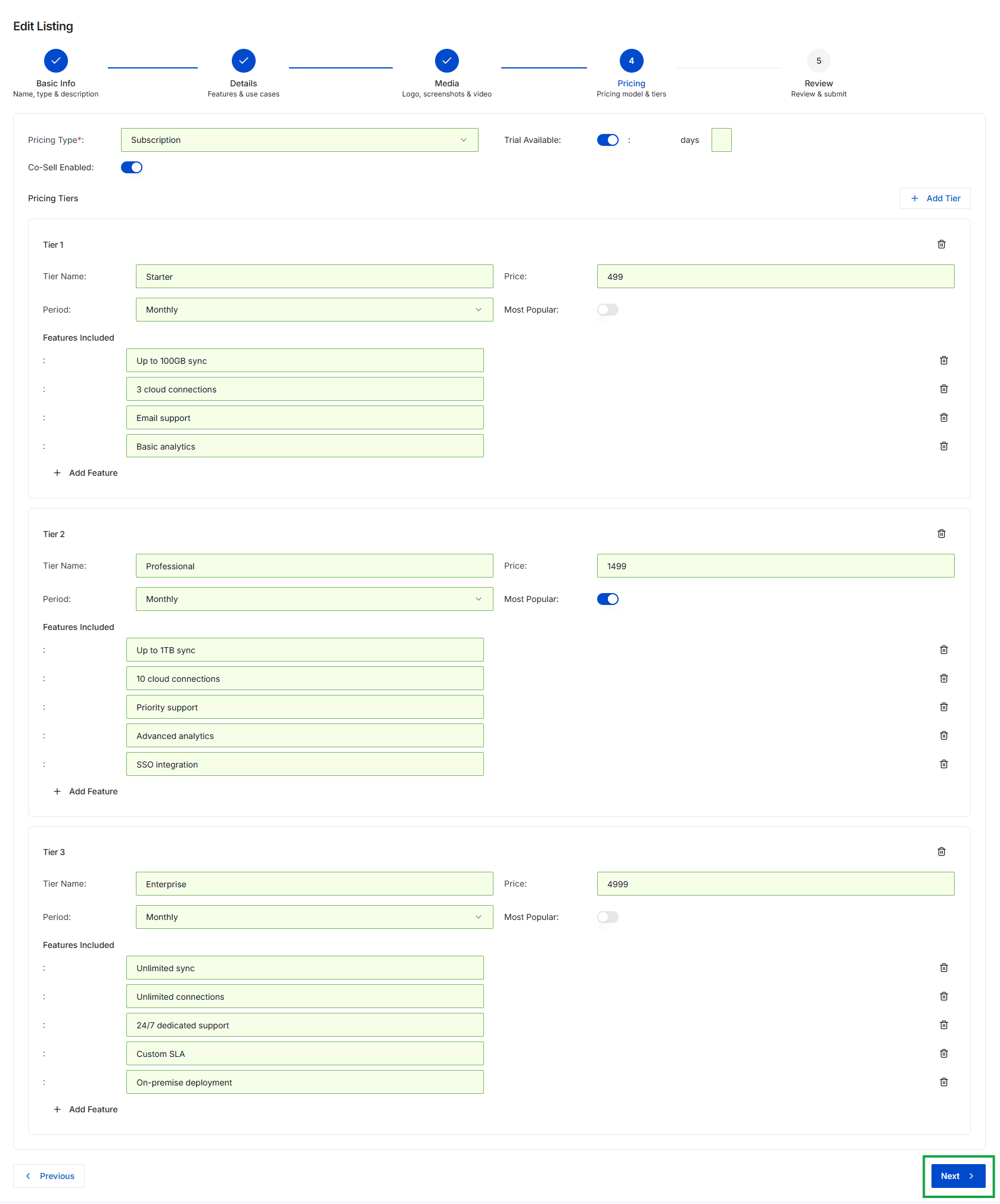 Edit Listing Pricing model and tiers