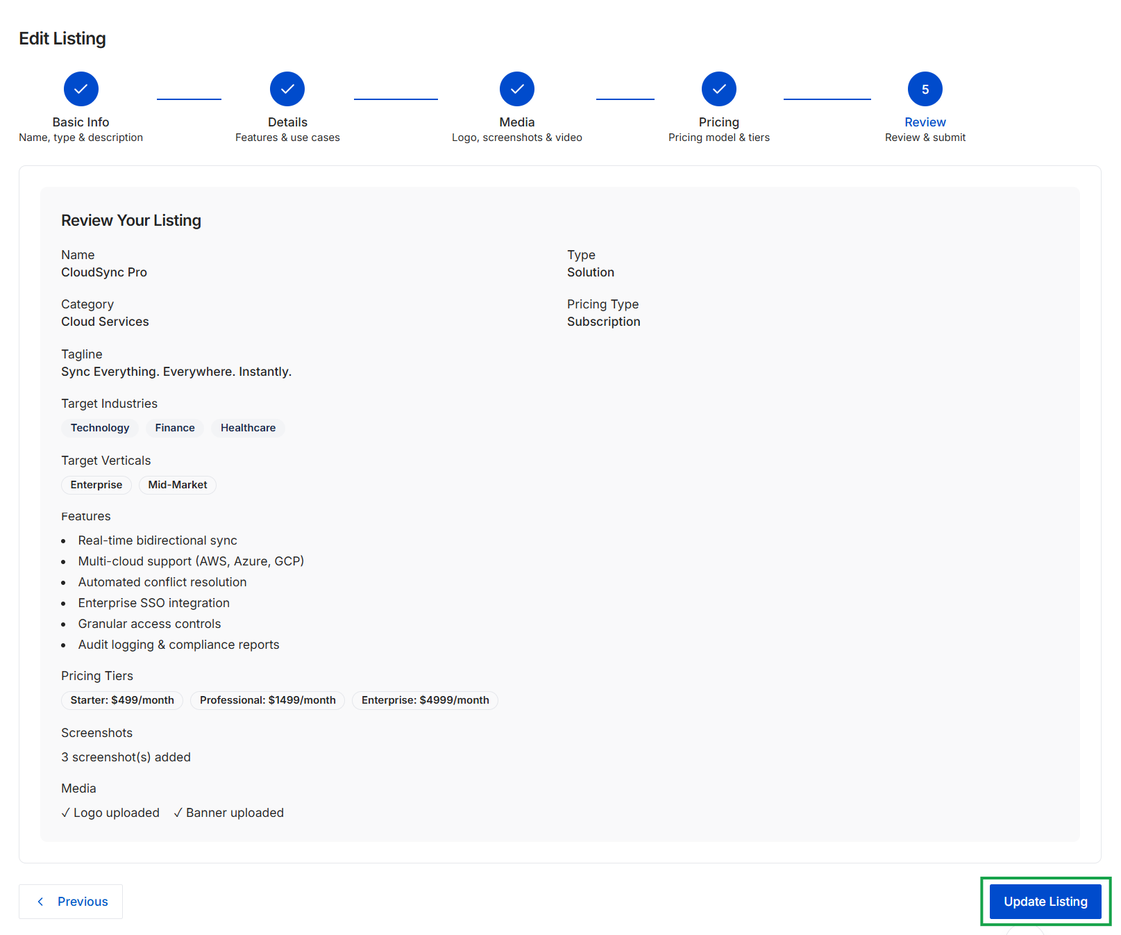 Review Co-sell Listing details
