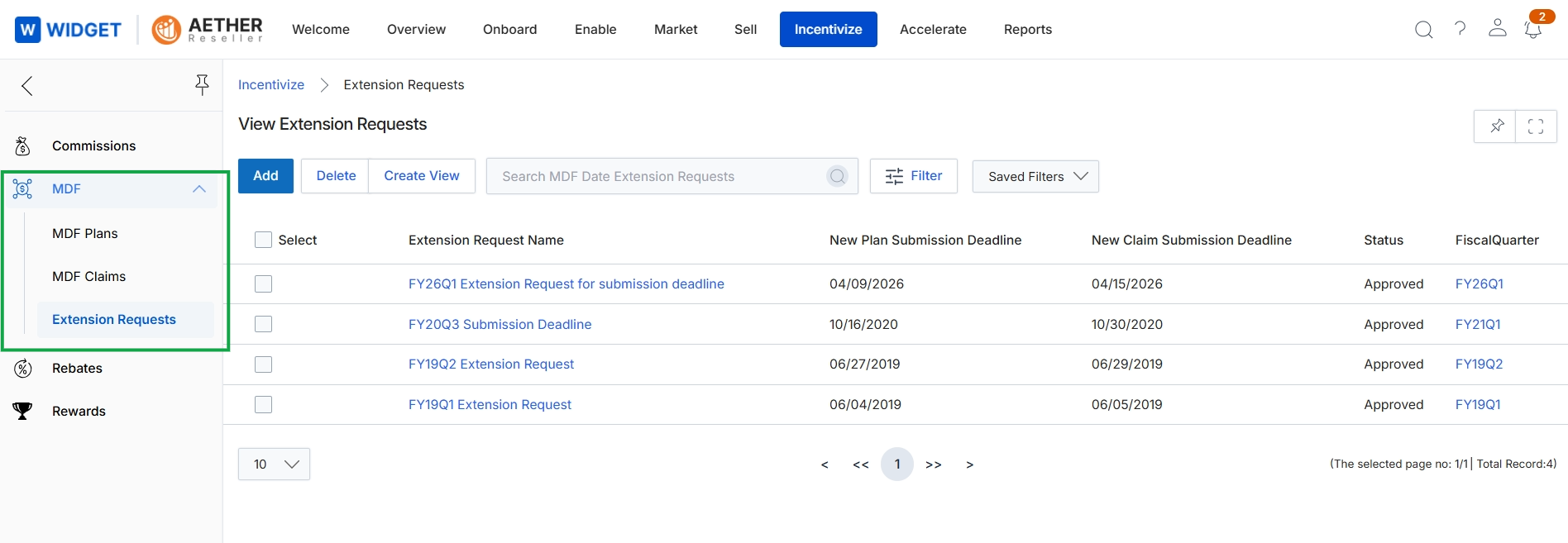 MDF Extension Requests list view