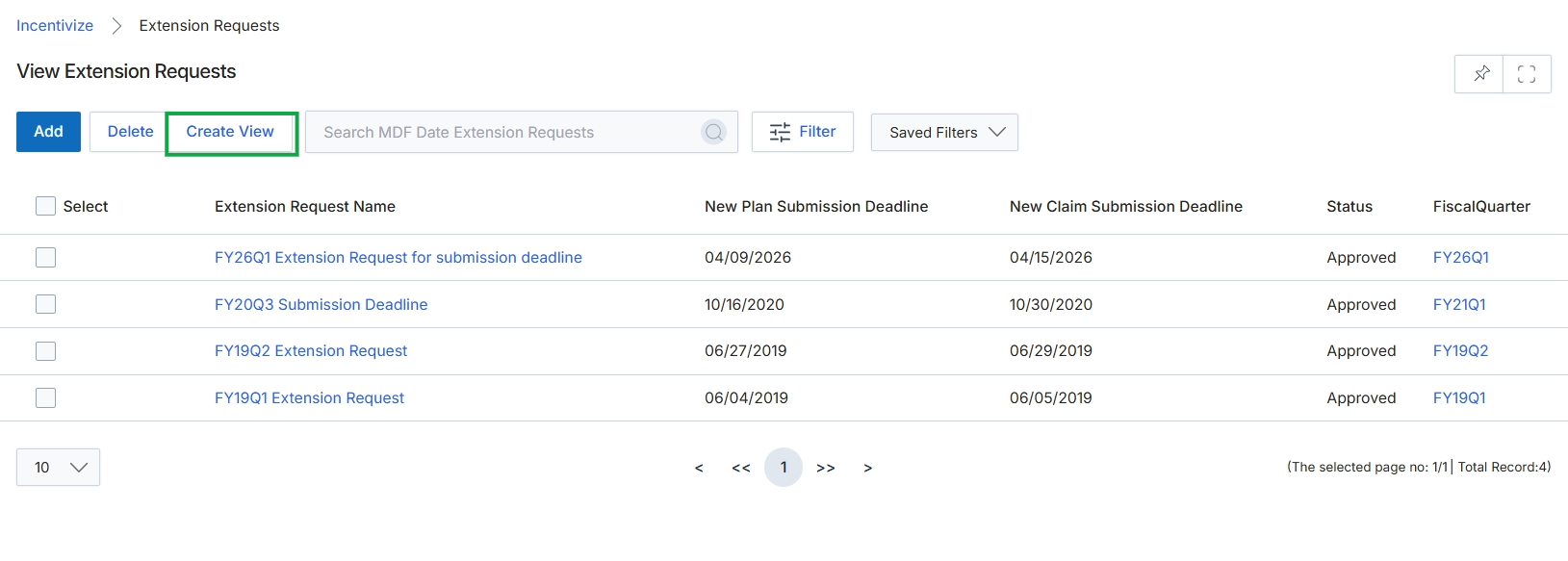 View Extension Requests page with collapsed navigation