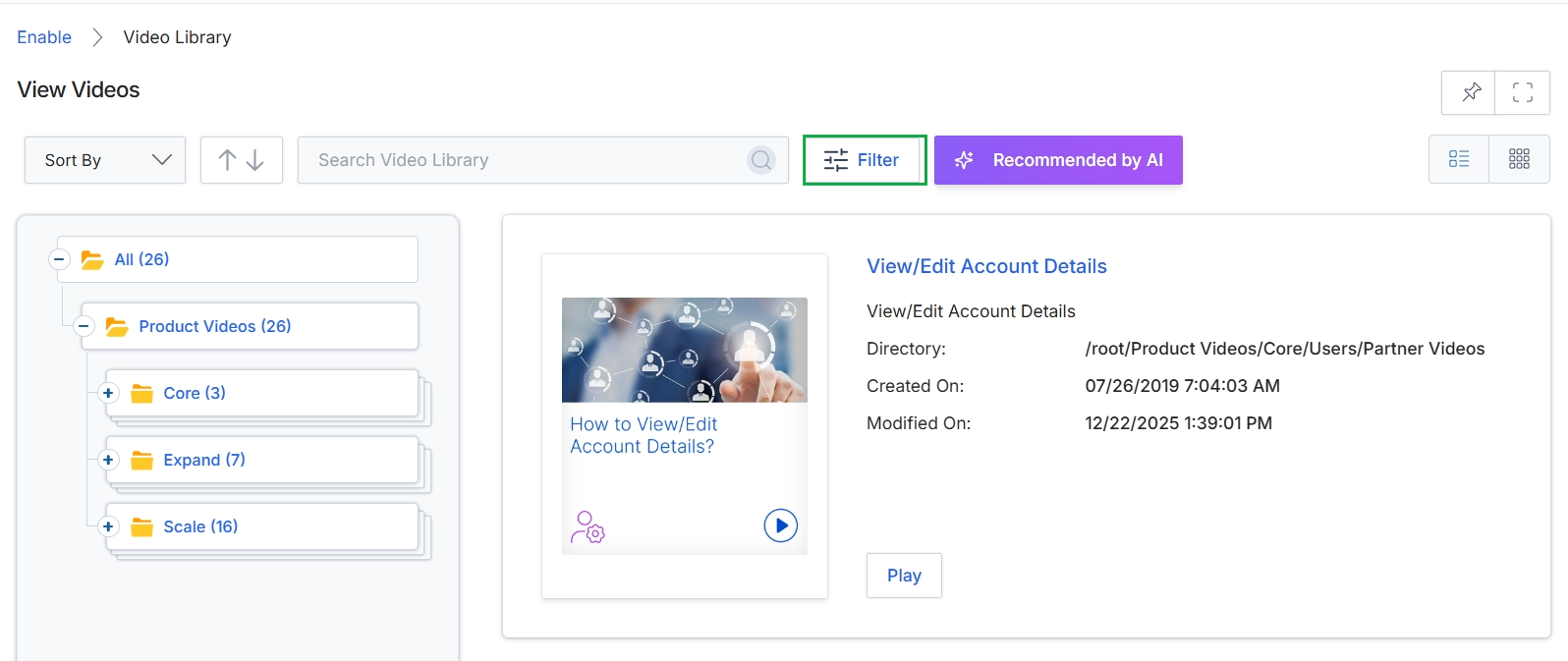 Video Library with filter button highlighted