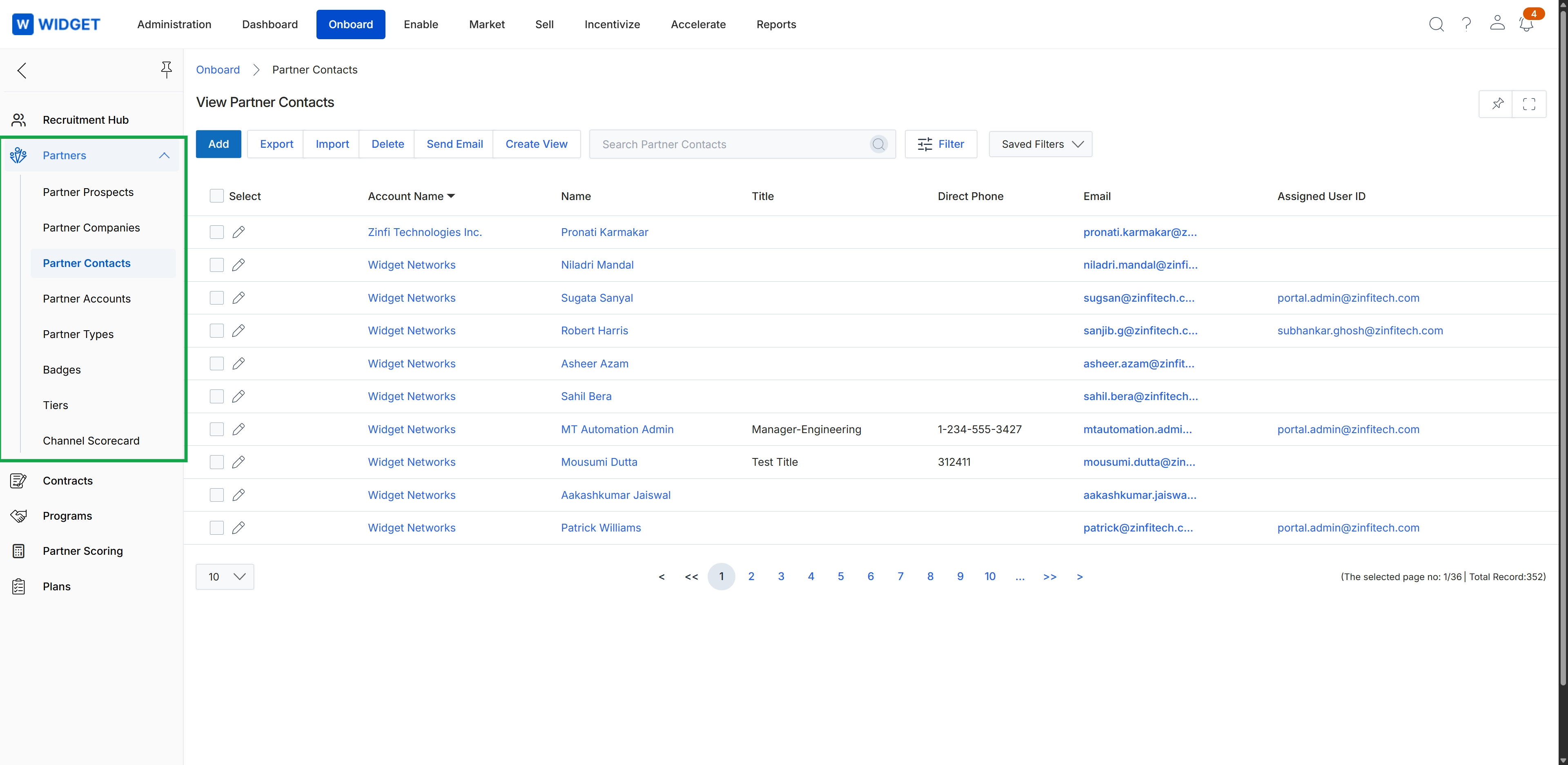 Onboard module left navigation with Partner Contacts selected