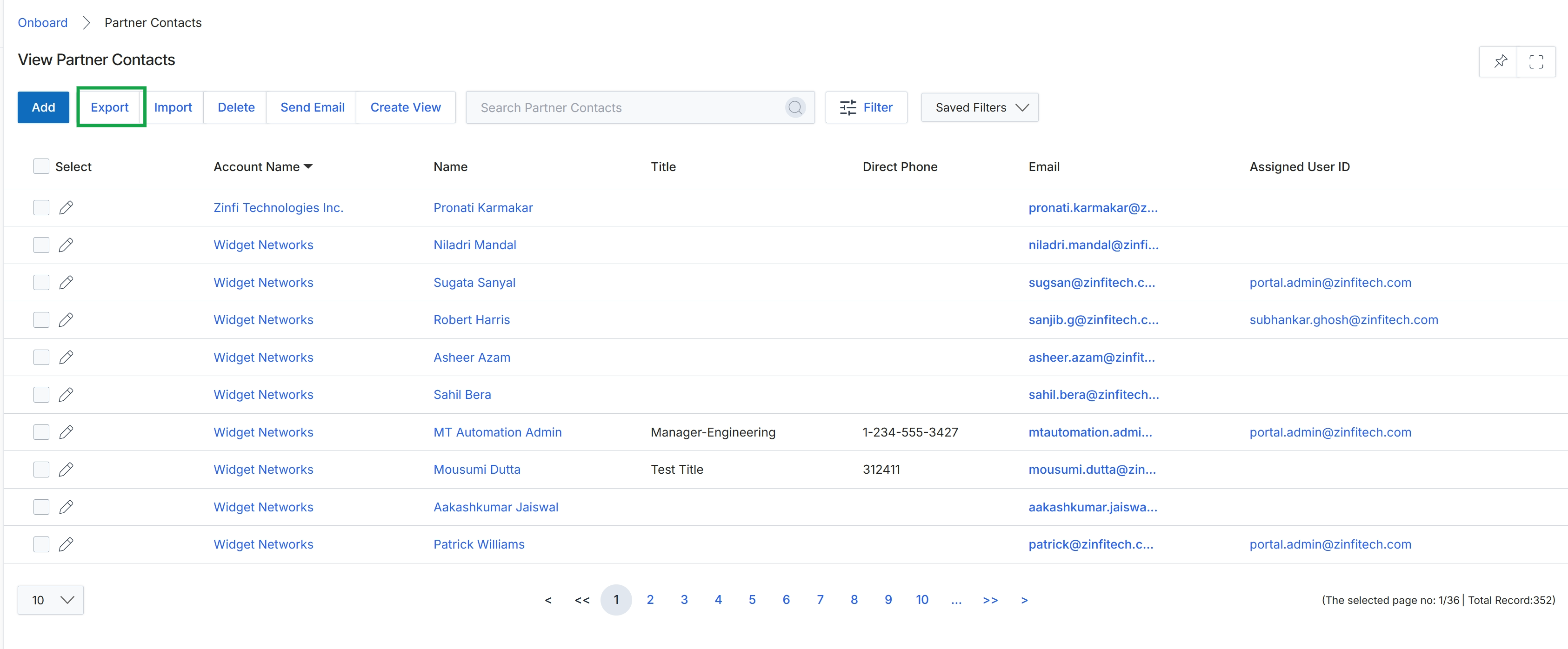 Partner Contacts list view with Add button highlighted