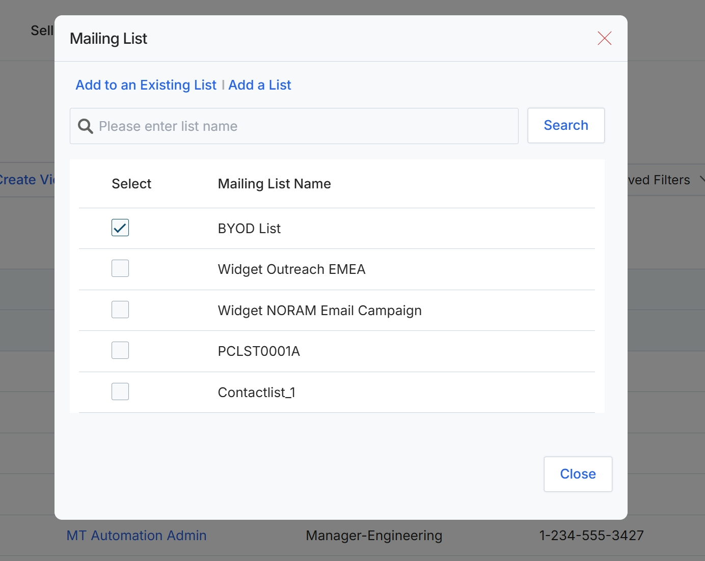Mailing List selection dialog