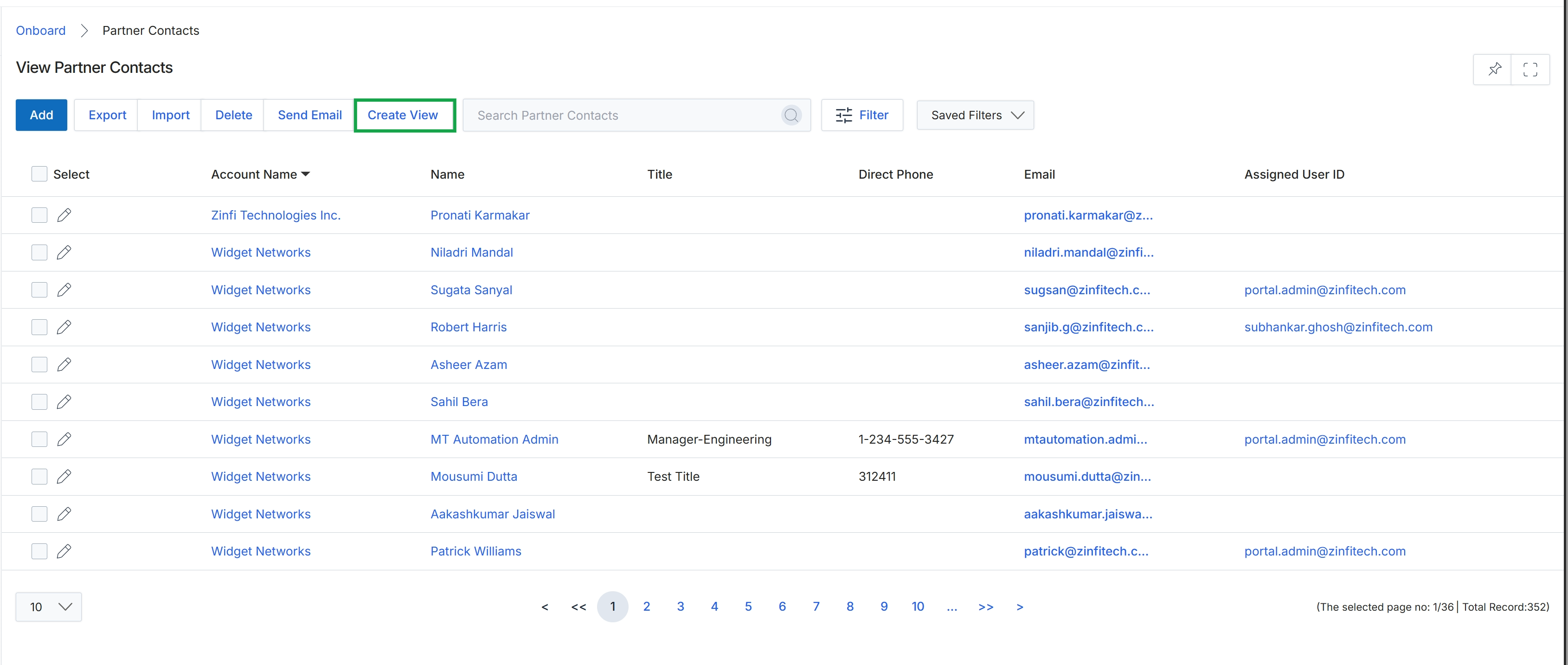 Partner Contacts list view