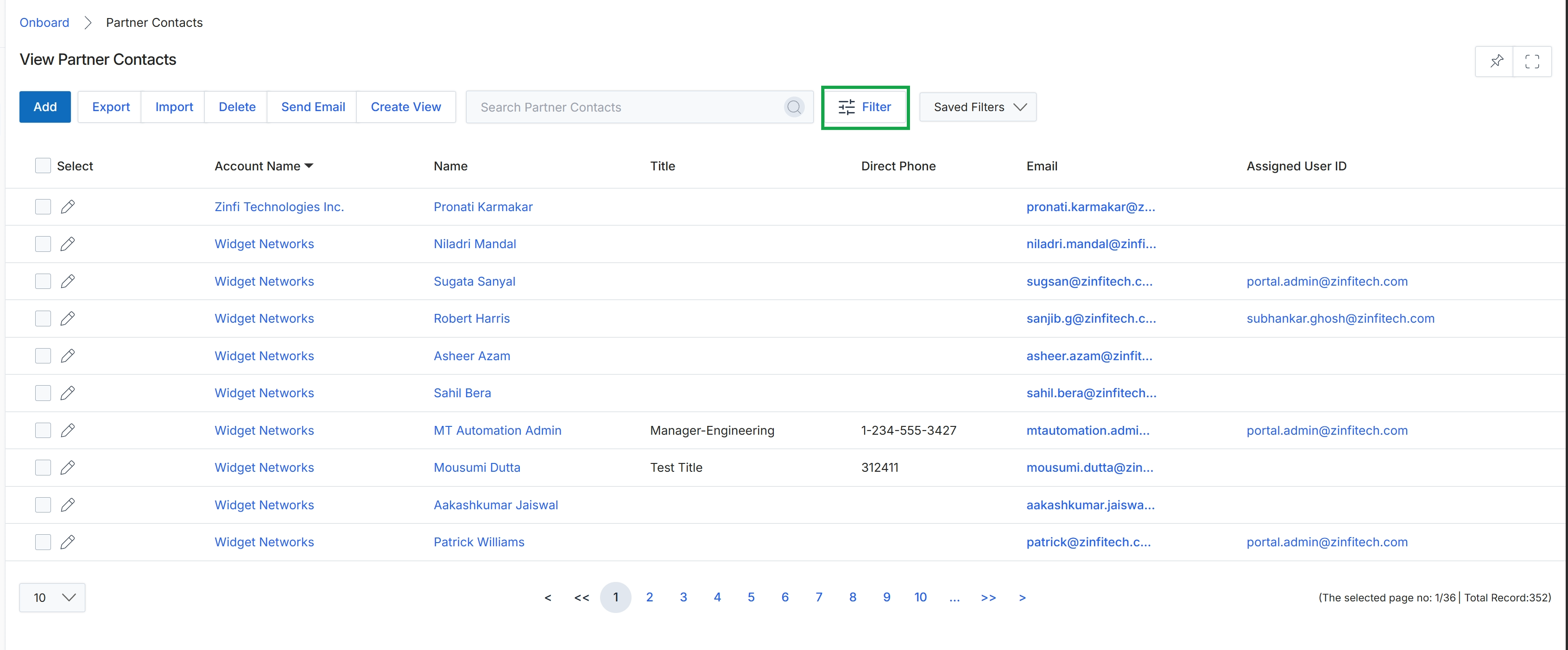 View Partner Contacts list with Filter button highlighted