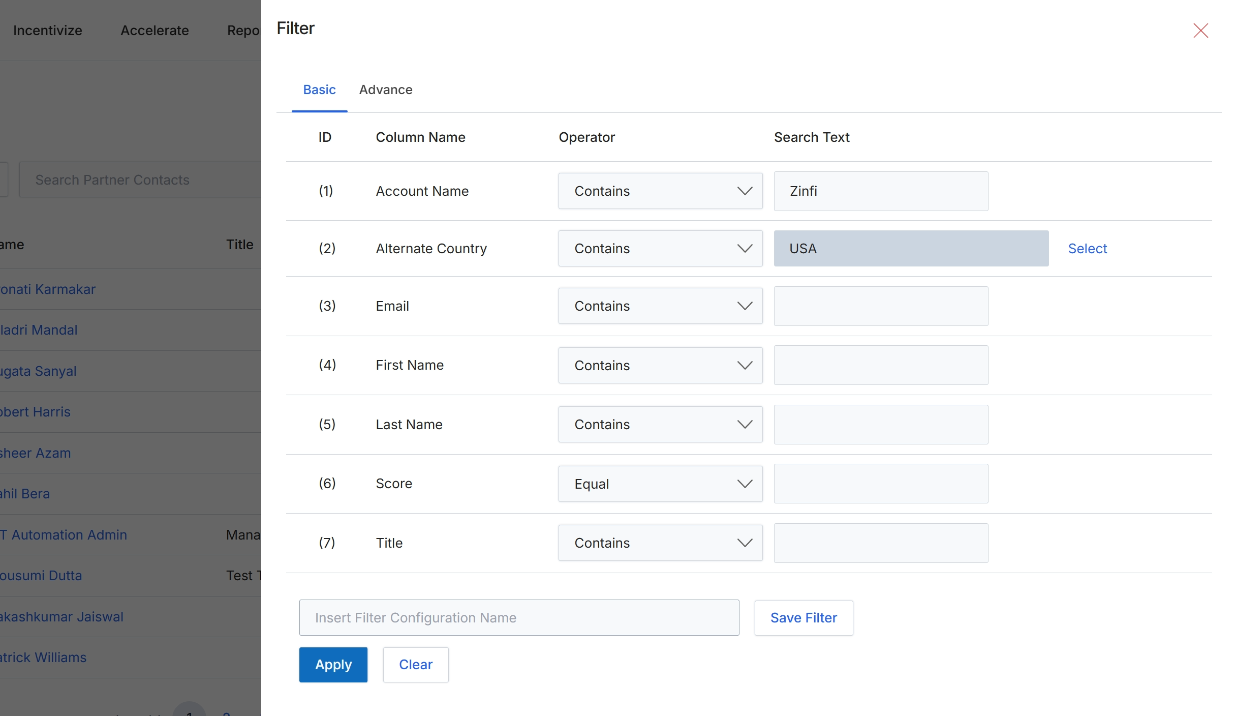 Filter dialog for partner contacts