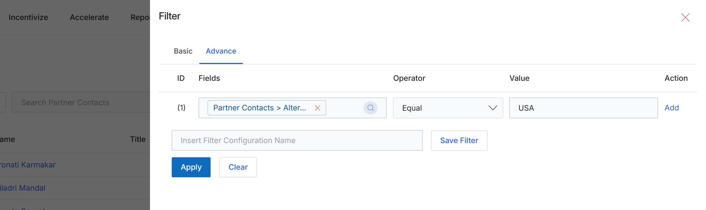 Advanced Filter panel for Partner Contacts