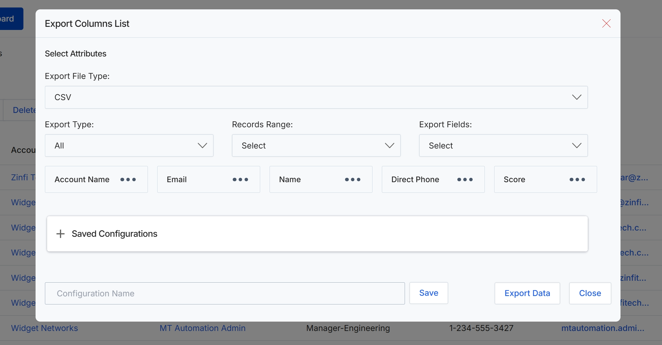 Export Columns List dialog