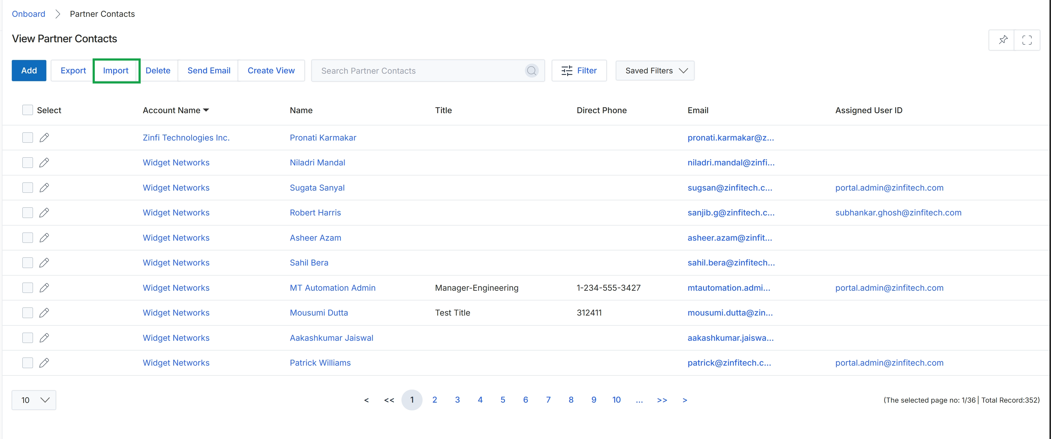 View Partner Contacts list page