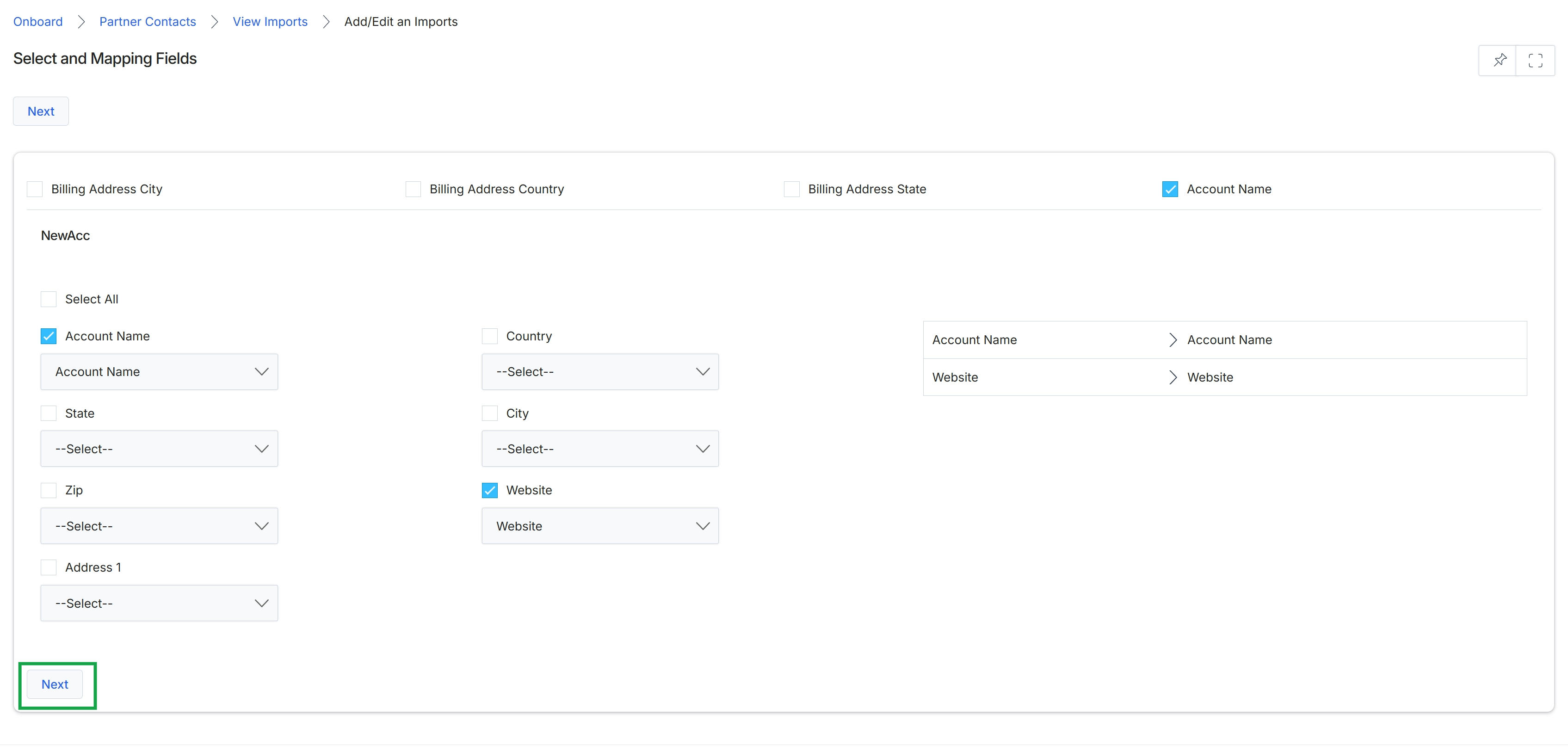 Select and Mapping Fields for import