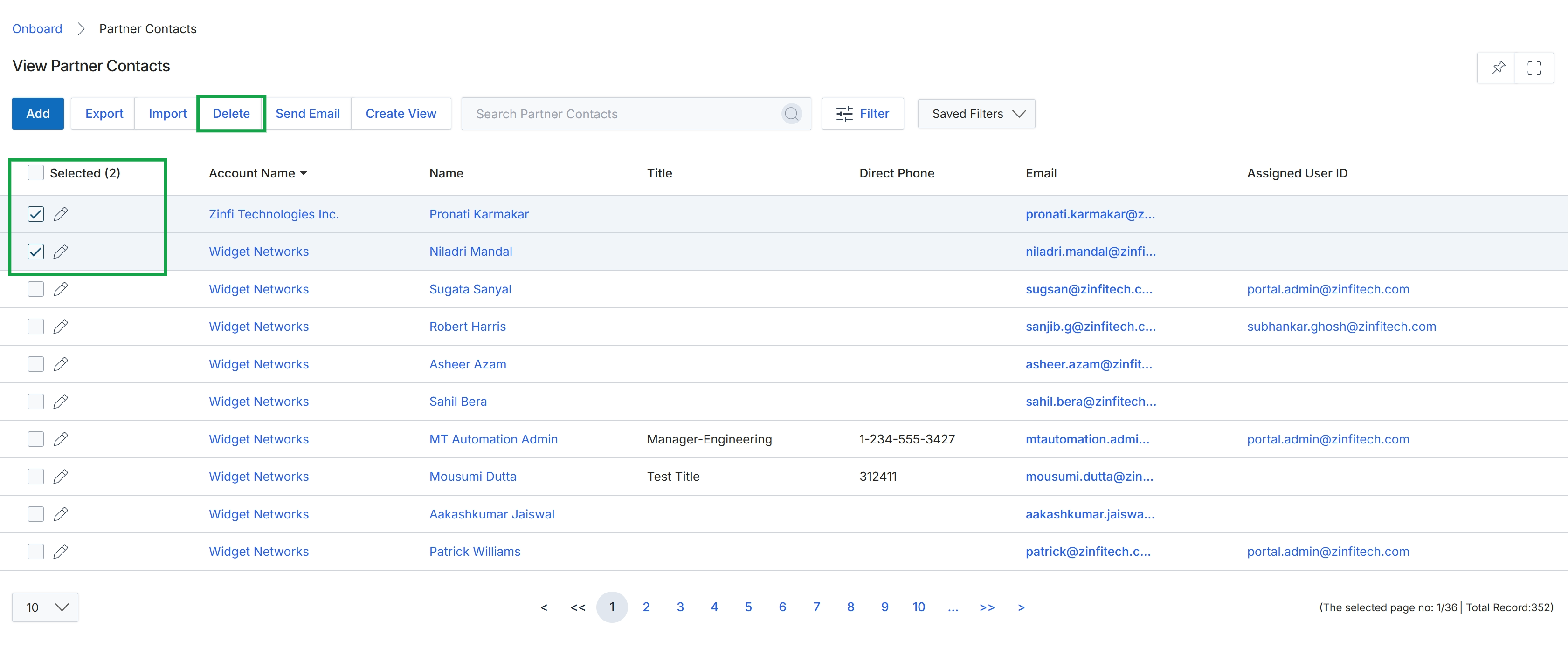 View Partner Contacts list with selected items