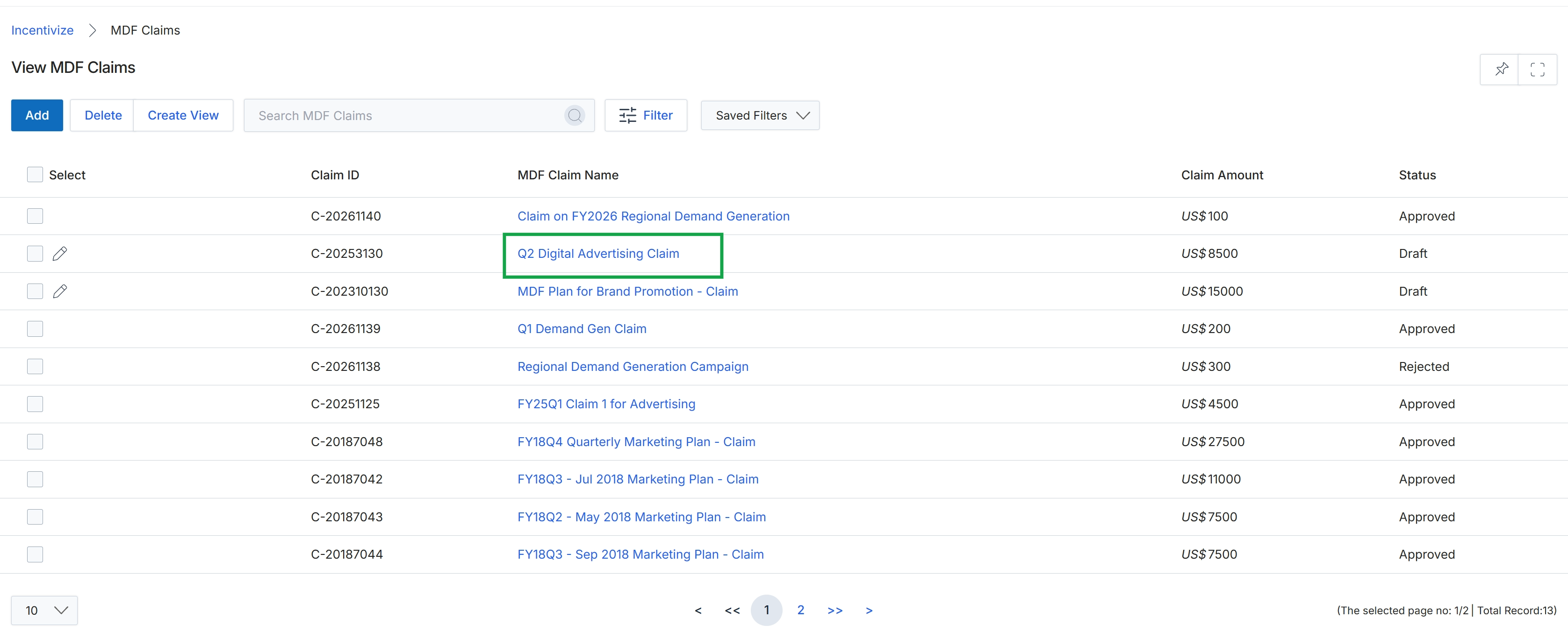 MDF Claims list view