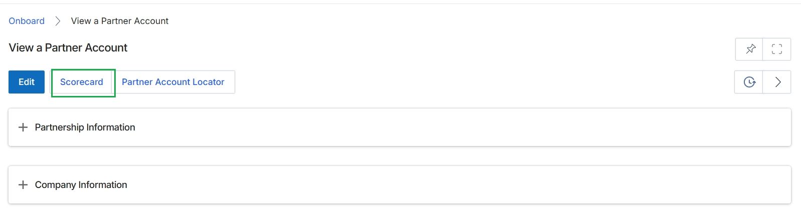View a Partner Account page with Scorecard button highlighted