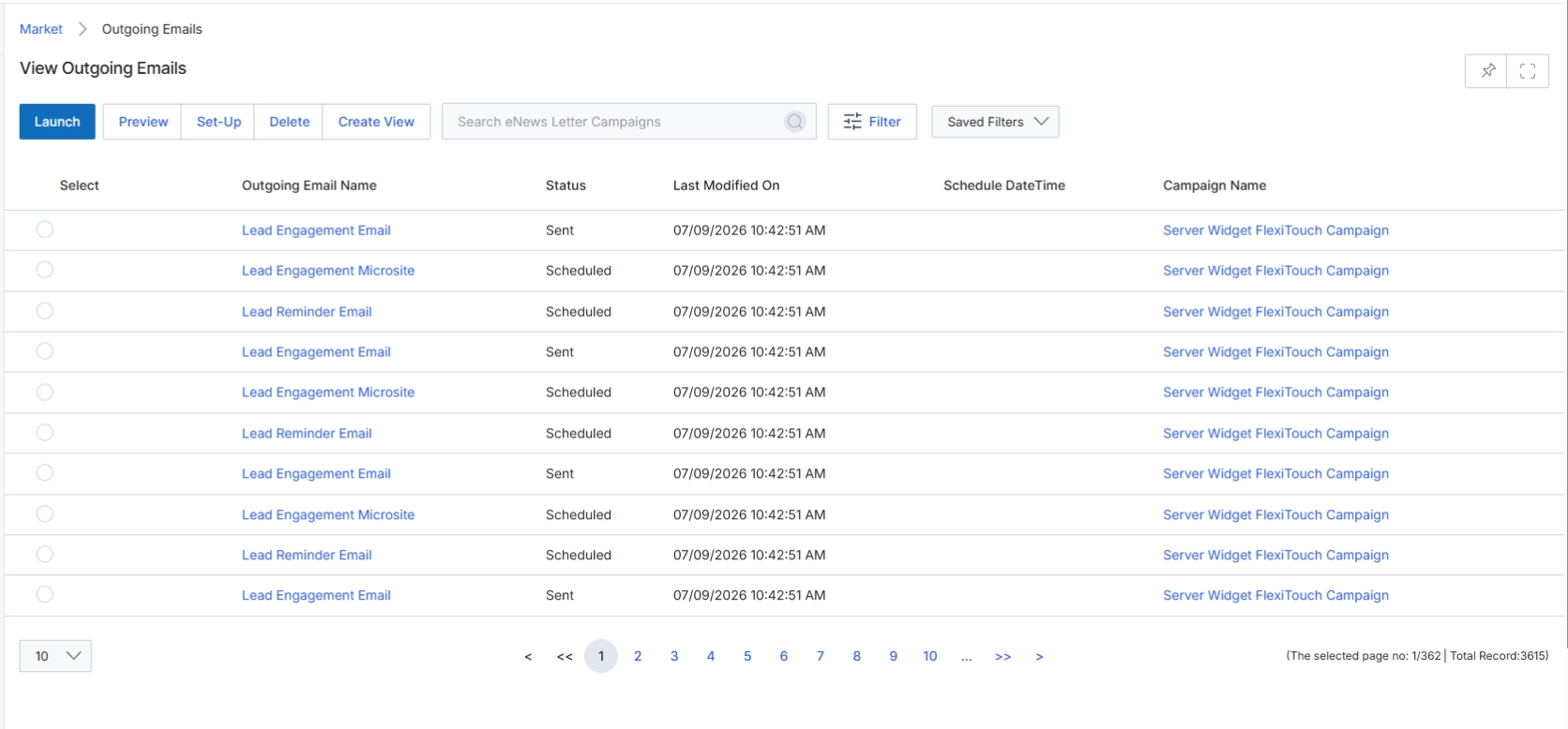 The Outgoing Emails list view provides a comprehensive overview of all email campaigns that have been sent or are scheduled to be sent through the UPM platform. This screen is part of the Market module, which enables vendors and partners to execute co-marketing activities, including email campaigns. Users can monitor the status of their email sends, review key details such as the last modification date and scheduled send times, and associate emails with specific campaigns. This view supports the workflow of managing email marketing efforts by allowing users to track performance and manage existing email assets.