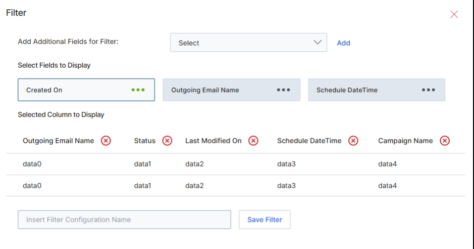 This 'Filter' slide panel allows users to customize the display and filtering criteria for the 'View Outgoing Emails' list. It enables dynamic adjustment of which columns are visible in the main table and which fields can be used for filtering the email records. By providing options to add additional filter fields and select specific columns for display, this panel enhances the user's ability to manage and analyze their email marketing campaigns within the Market module, supporting tasks like performance monitoring and data segmentation. The configuration made here can be saved as a custom view for future use, streamlining repetitive analysis tasks.