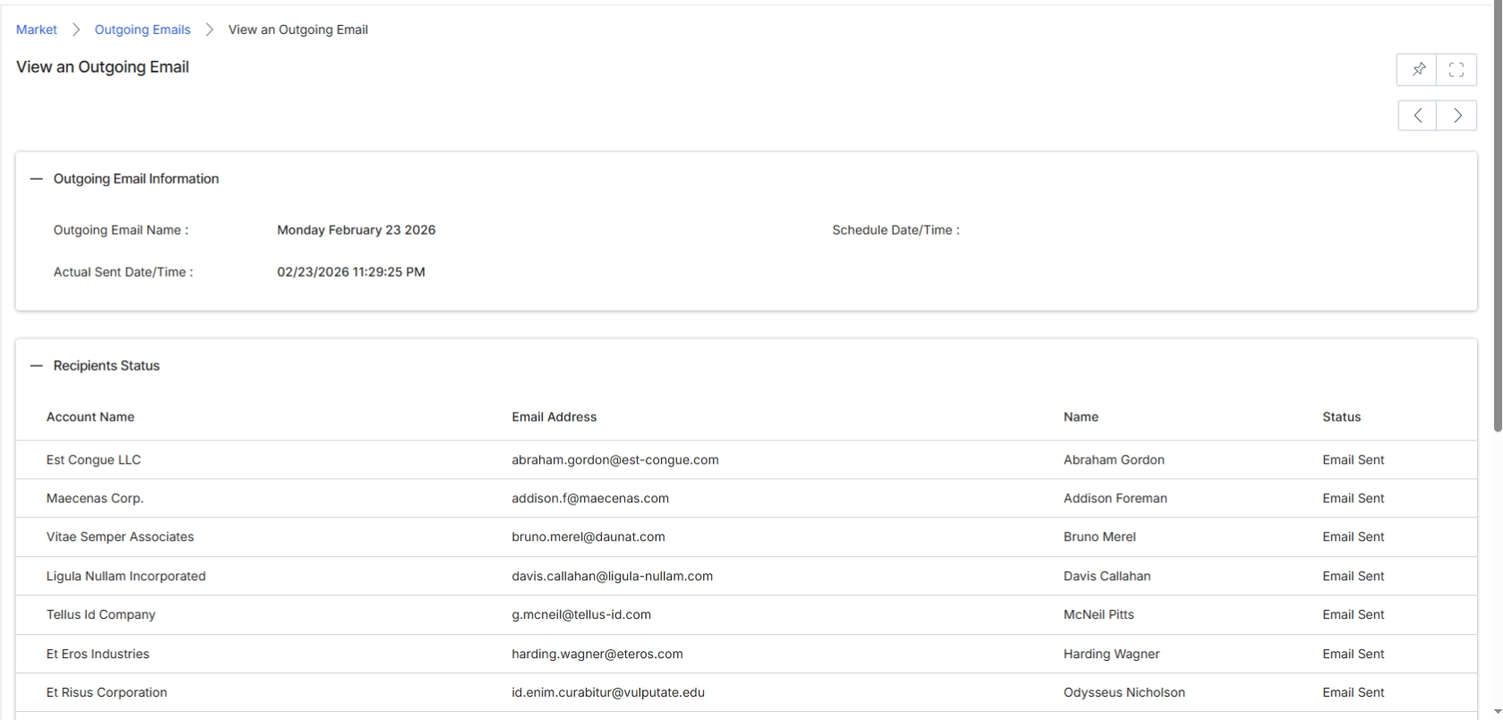 This screen displays the detailed information for a specific outgoing email, providing a comprehensive overview of its properties and the status of its delivery to individual recipients. Outgoing emails are a core component of the Market module's email campaign execution workflow, allowing vendors and partners to send targeted communications. This view consolidates key email metadata, such as the email's name and scheduling, alongside a granular breakdown of each recipient's delivery status. This level of detail is crucial for monitoring campaign performance, troubleshooting delivery issues, and ensuring compliance with communication policies, directly supporting the tracking and reporting capabilities outlined in the email campaign execution workflow.