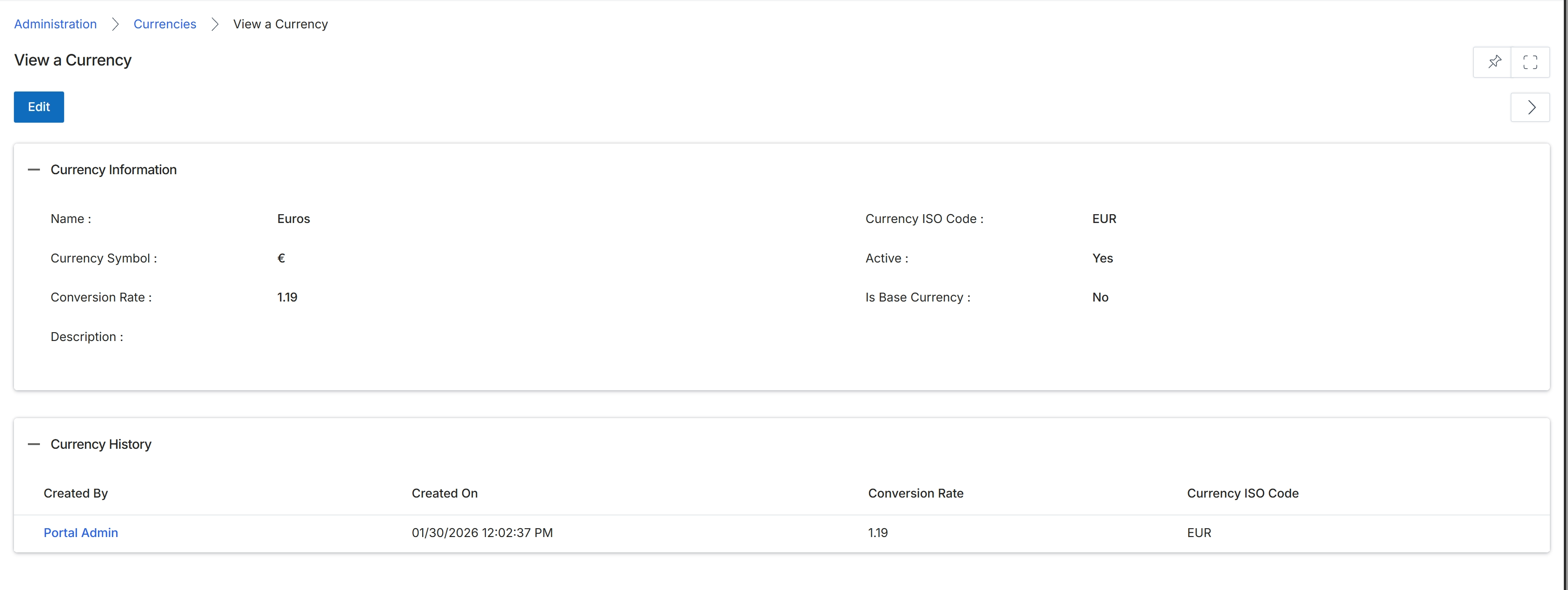 View a Currency details page