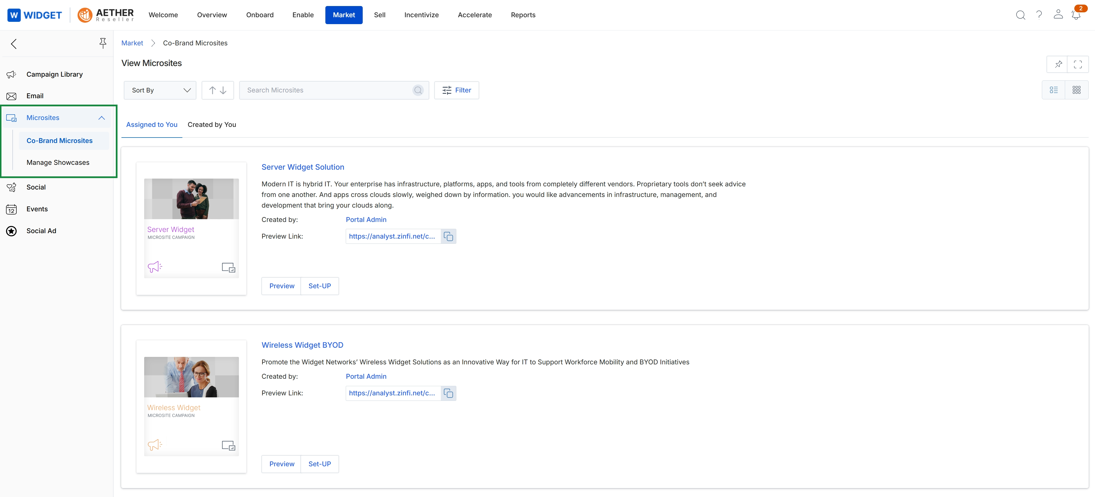 Co-branded microsites list view