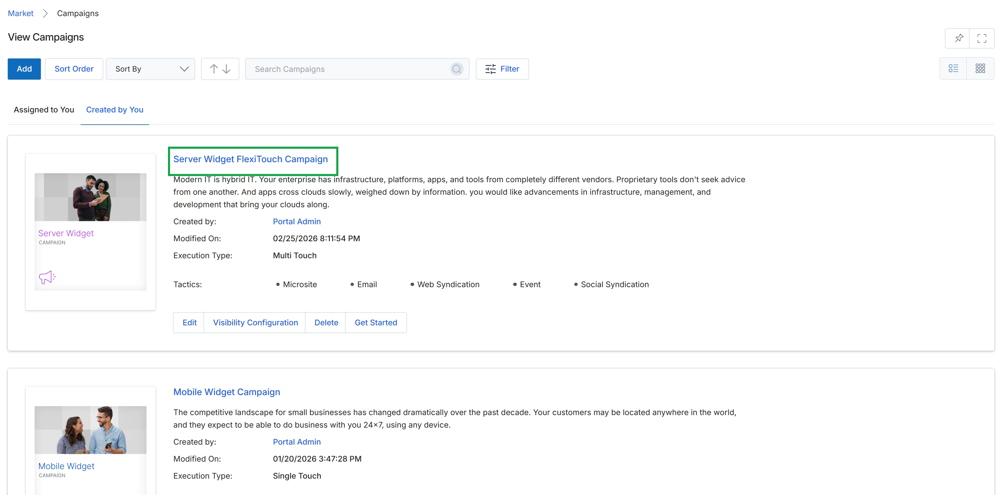 View Campaigns list page