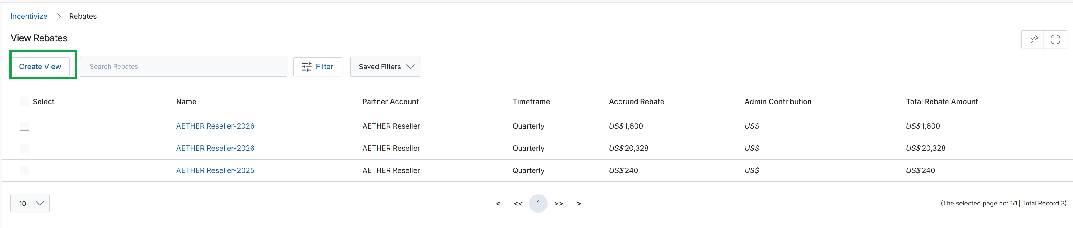 Rebates list view