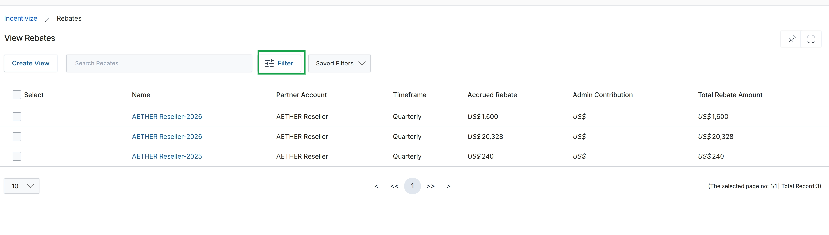 View Rebates list page with Filter button highlighted