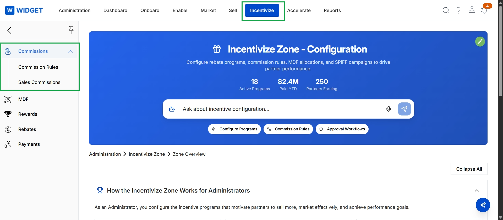 Incentivize Zone overview with Commissions menu expanded