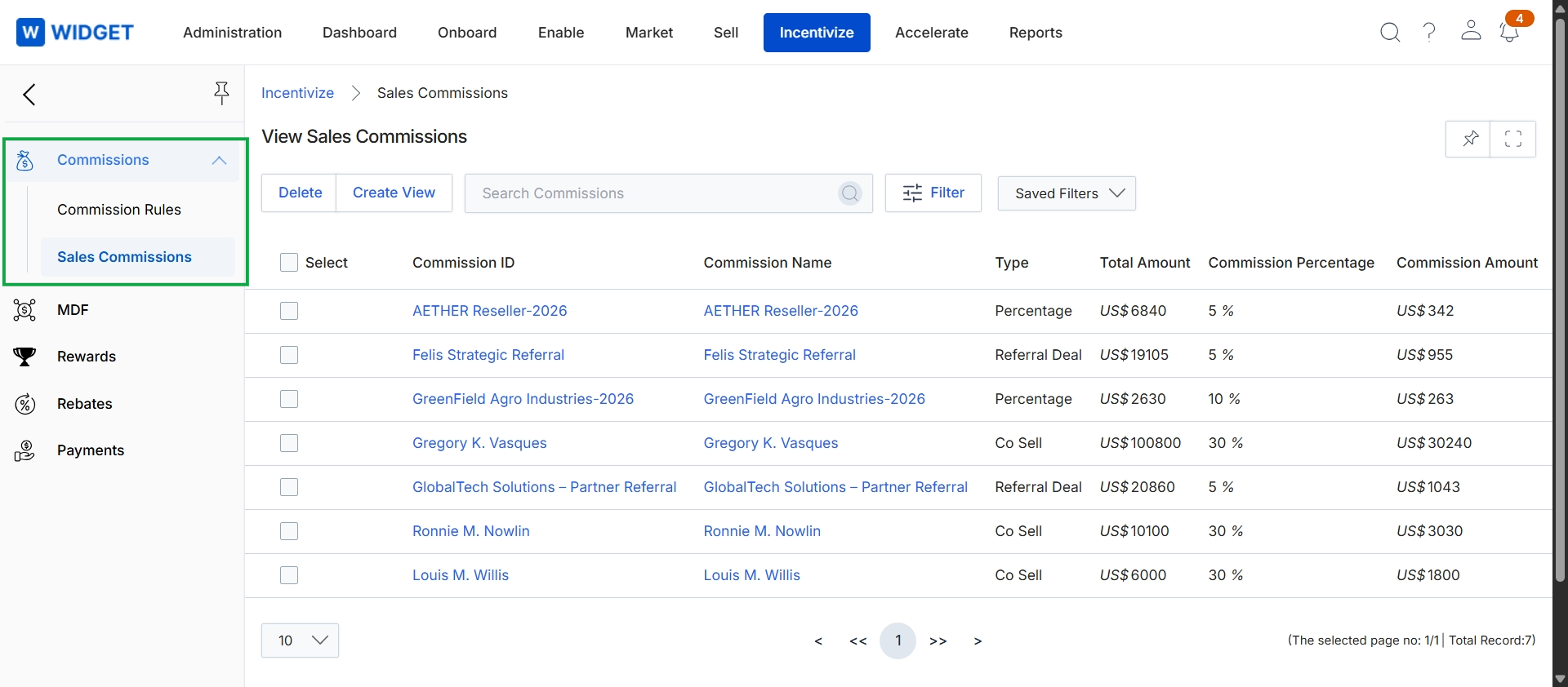 Sales commissions listing page