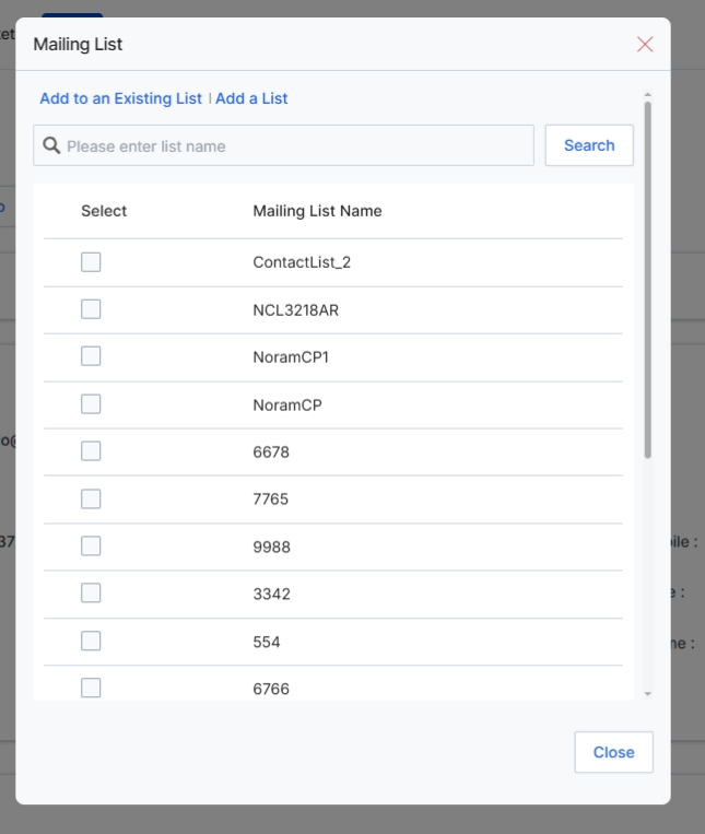 Mailing List selection dialog