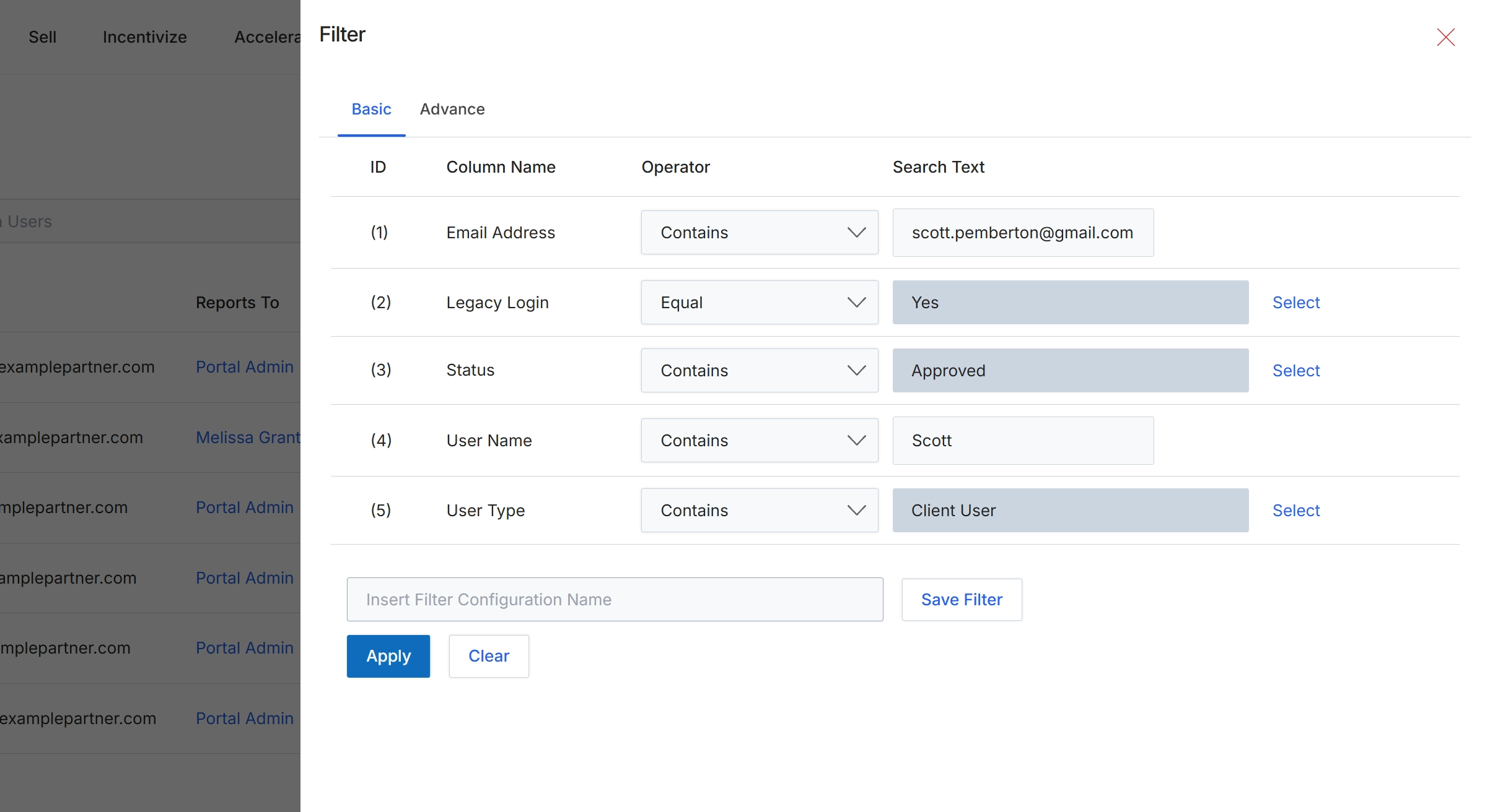 Filter dialog for user list
