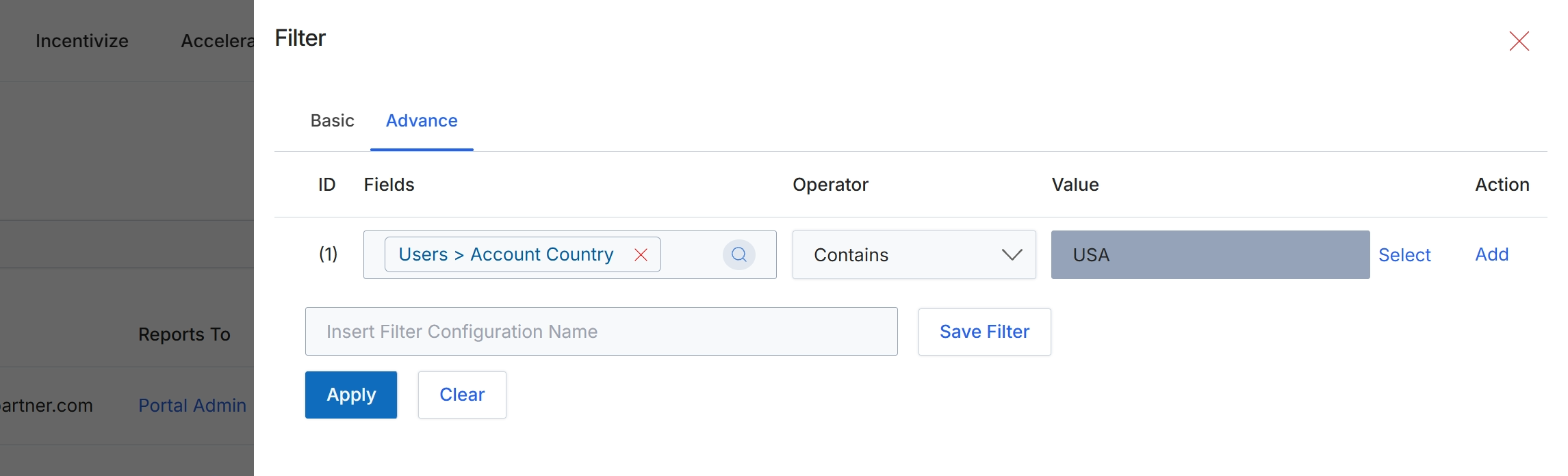 Advanced Filter Configuration dialog