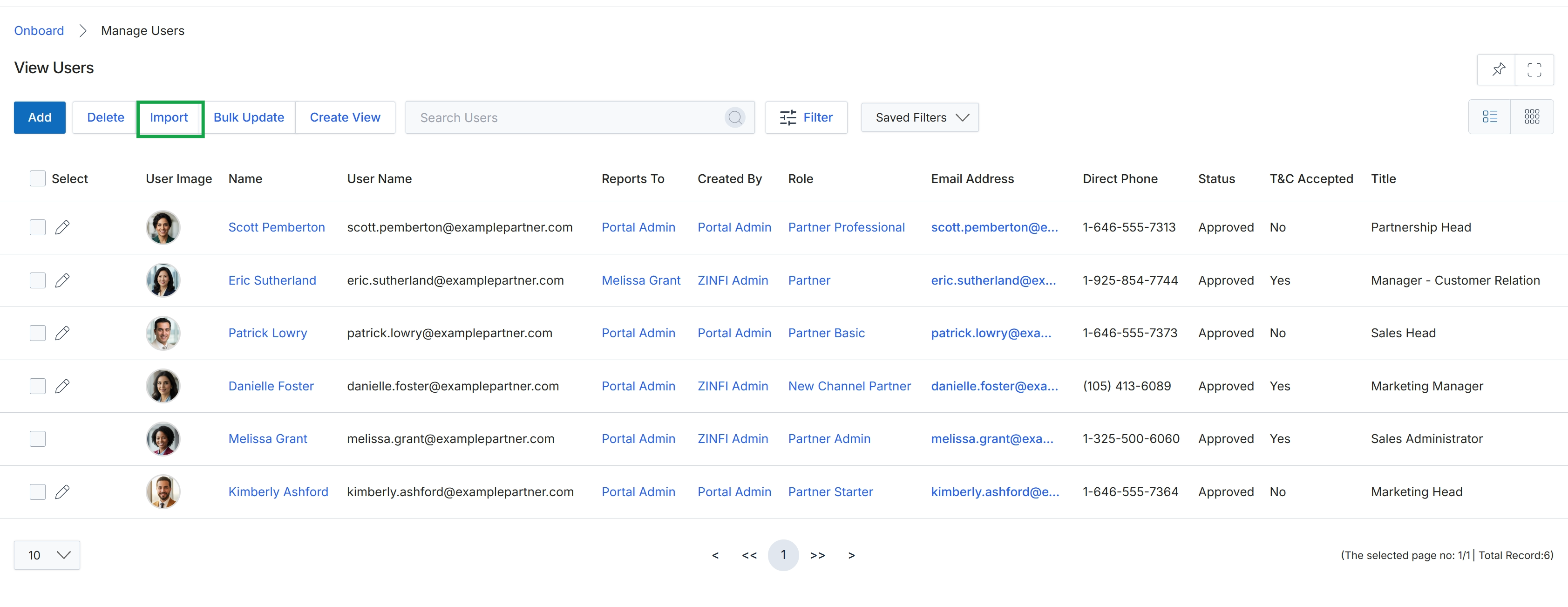 Manage Users list view