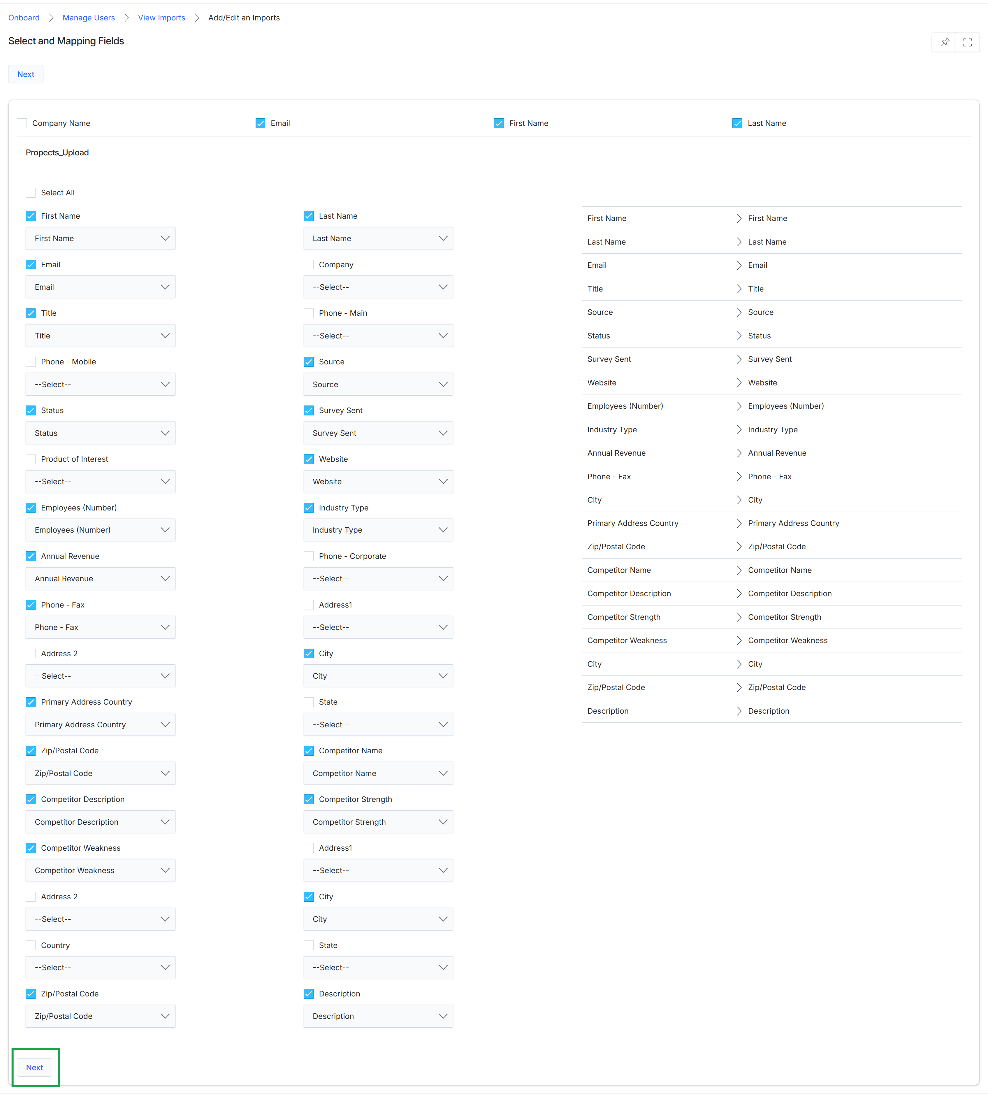 Add/Edit an Imports screen with Next button highlighted