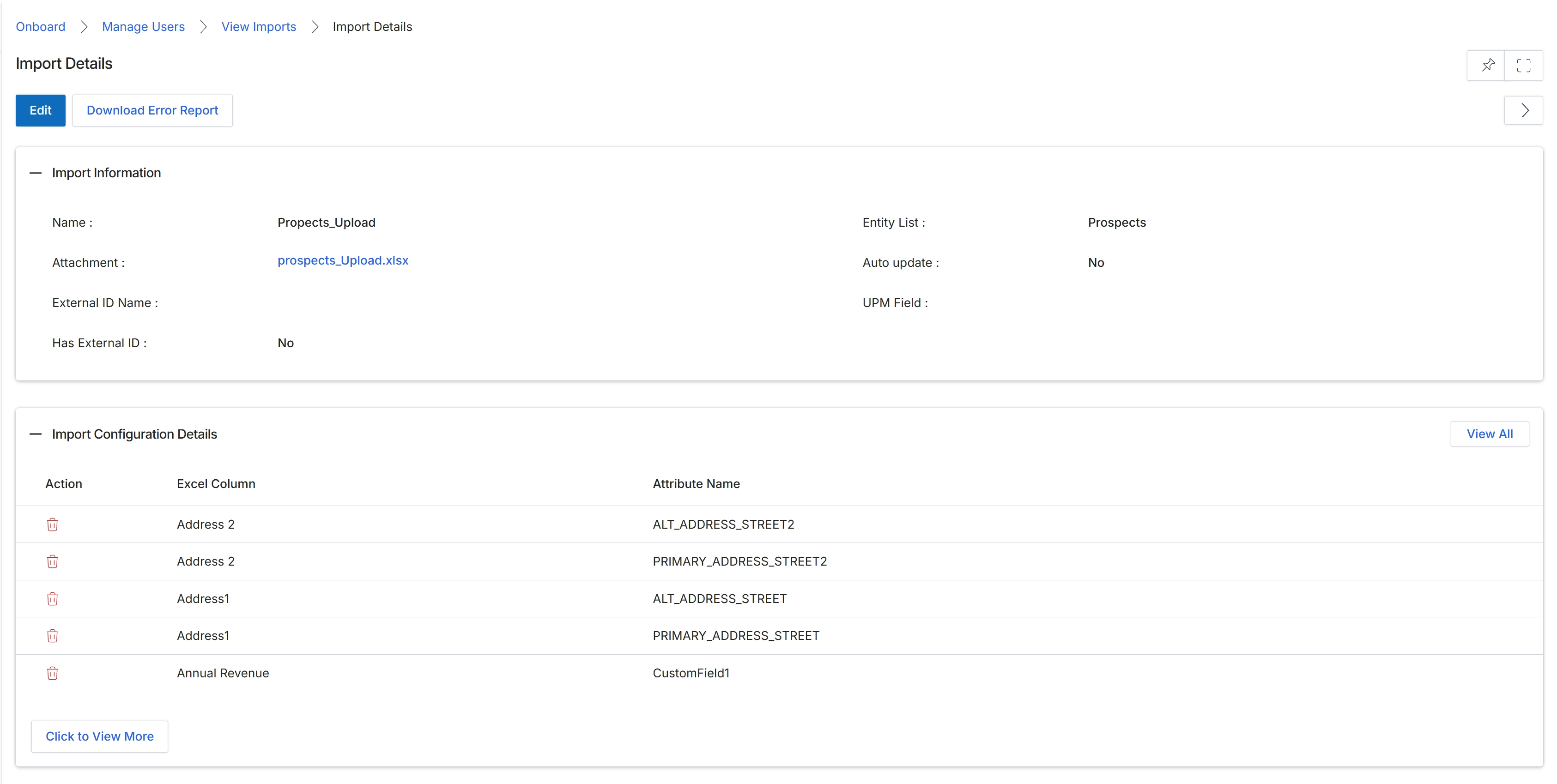 Import Details view