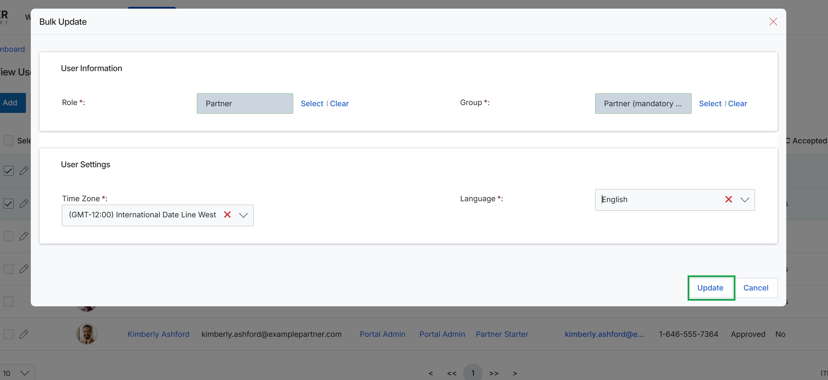 Bulk Update Users dialog